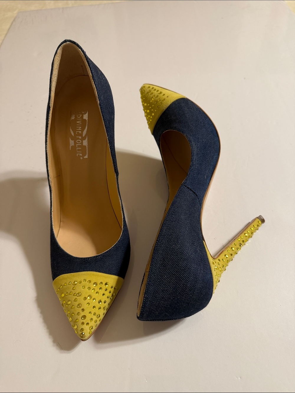 Divine Follie Navy Denim and Yellow Rhinestones Pointed Toe Stiletto Pumps Size8
